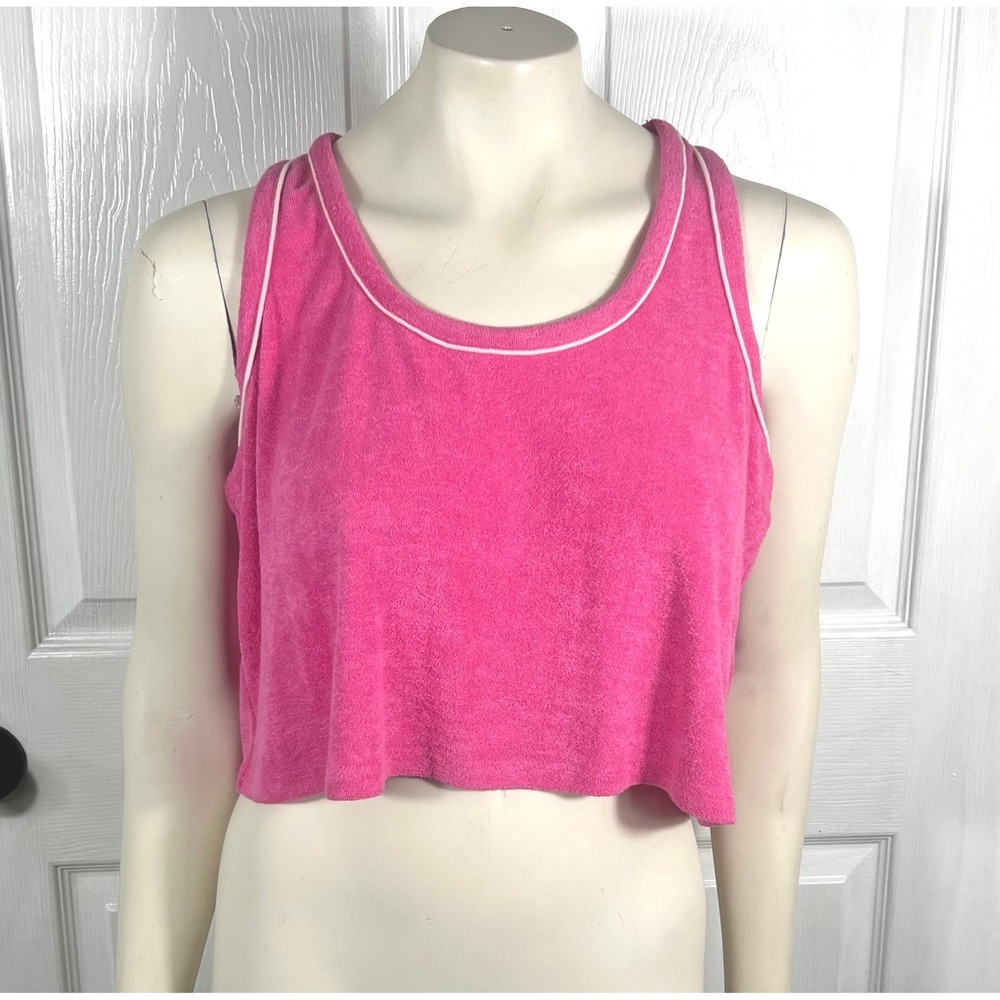 NWT Crown & Ivy Cabana Terry Cloth Cropped Tank Top‎ Pink Rave L Vacation Beach